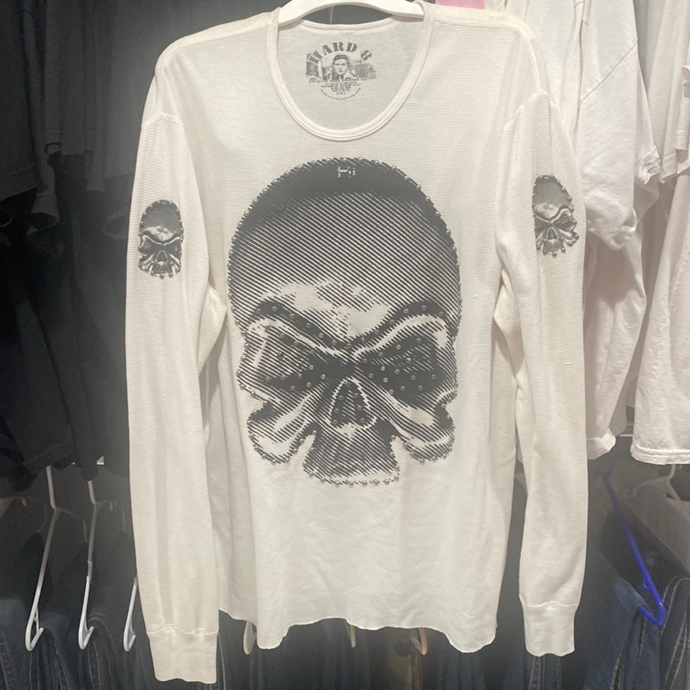 Hard 8 Skull white long sleeve thermal shirt with metal studs around the skulls.
